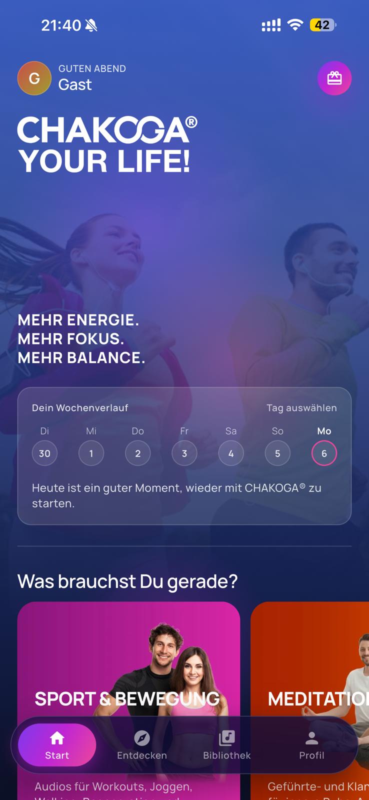 CHAKOGA App Startbildschirm